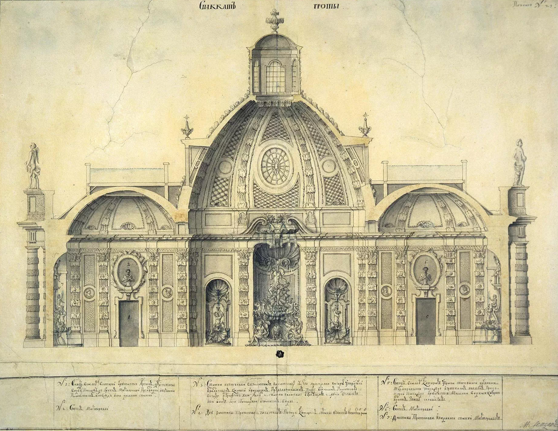 Грот в Летнем саду. Продольный разрез, акварель М.Г. Земцова, 1725-1727 гг.